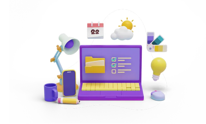 A Designity Creative's desk, with blueprints, a laptop, and elements of graphic design software.